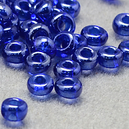 8/0 Grade A Round Glass Seed Beads, Transparent Colours Lustered, Royal Blue, 8/0, 3x2mm, Hole: 1mm, about 10000pcs/pound(SEED-Q011-3mm-F514)