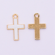 Alloy Enamel Pendants, Lead Free & Cadmium Free, Cross, Light Gold, White, 16x10x1mm, Hole: 1.5mm(ENAM-CJC0002-08D-RS)