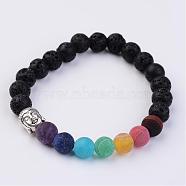 Natural Lava Rock & Gemstone Stretch Beads Bracelets, with Alloy Buddha Head, Antique Silver, 2-1/8 inch(53mm)(BJEW-JB02514-02)