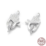 Rhodium Plated 925 Sterling Silver Lobster Claw Clasps, with Cubic Zirconia, with 925 Stamp, Palm, Clear, Platinum, 26mm, Clasp: 20x12.5x4mm, Hole: 1.9mm and 1.5mm(STER-L055-066P)
