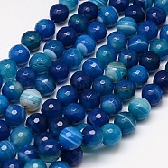 Natural Stripe Agate Beads Strands, Faceted, Dyed, Round, Marine Blue, 10mm, Hole: 1.2mm, about 38pcs/strand, 15 inch(G-G581-10mm-05)