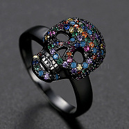 Cubic Zirconia Skull Finger Ring, Electrophoresis Black Plated Brass Gothic Punk Jewelry for Men Women, Colorful, US Size 8(18.1mm)(SKUL-PW0002-032C-02EB)