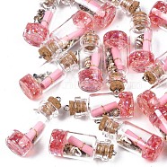 Glass Wishing Bottle Pendant Decorations, with Resin & Paper & Shell, with Cork Stopper and Iron Findings, Pink, 40~42x16mm, Hole: 2mm(X-GLAA-S181-02C)