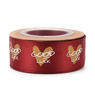 Polyester Ribbons, Single Face Golden Hot Stamping, for Gifts Wrapping, Party Decoration, Heart & Word Good Luck Pattern, FireBrick, 1-1/8 inch(27mm), 10yards/roll(9.14m/roll)(SRIB-H038-01B)
