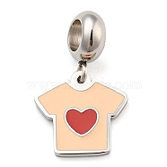 304 Stainless Steel Enamel European Dangle Charms, Large Hole Pendants, Clothes with Red Heart, Stainless Steel Color, Pink, 22mm, Hole: 4.5mm, Pendant: 13x14x1.5mm(STAS-I177-17B-P)