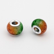 Large Hole Glass European Beads, with Silver Color Plated Brass Cores, Rondelle, Green, 14x10mm, Hole: 5mm(GPDL-J009-03)