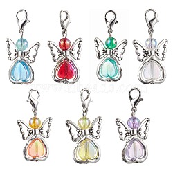 7Pcs 7 Colors Angel Acrylic Pendant Decorations, with Alloy Pendants and Swivel Lobster Claw Clasps, Mixed Color, 36mm, 1pc/color(HJEW-JM01736-02)