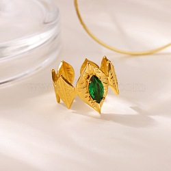 304 Stainless Steel with Glass Cuff Open Rings, Leaf, Ion Plating(IP), Real 18K Gold Plated, US Size 8 3/4(18.7mm)(RJEW-Z132-01G)