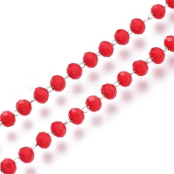 Handmade Faceted Acrylic Beaded Chains, with Spool, Soldered, Red, Stainless Steel Color, Bead: 3x3mm, about 32.8 Feet(10m)/roll(CHS-M003-16P)