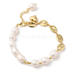 Rack Plating Brass Heart Charm Bracelet with Natural Pearl Beaded Chains, Cadmium Free & Lead Free, Real 18K Gold Plated, 7-3/8 inch(18.7cm)(BJEW-G671-01G)