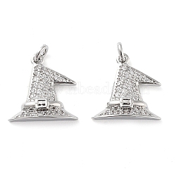 Rack Plating Brass Micro Pave Clear Grade AAA Cubic Zirconia Pendants, with Jump Ring, Long-Lasting Plated, Cadmium Free & Lead Free, Witch Hat Charms, Platinum, 14x14x3mm, Hole: 2.2mm(KK-M280-06P)
