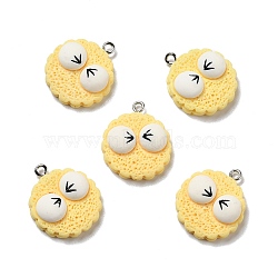 Opaque Resin Pendants, with Platinum Tone Iron Loops, Imitation Food, Biscuits with Eyes, Lemon Chiffon, 25x21.5x7mm, Hole: 2mm(RESI-D055-066P)
