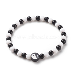 Polymer Clay Yin Yang & Acrylic Round Beaded Stretch Bracelet for Women, Black and White, Inner Diameter: 2-1/8 inch(5.5cm)(BJEW-JB08529)