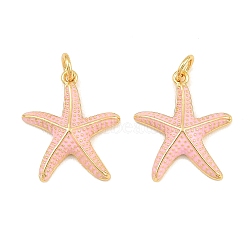 Brass Enamel Pendants, Starfish Charms, Real 18K Gold Plated, Pink, 20.5x18x3.5mm, Hole: 3.5mm(KK-CBAEBFB-14G-02)