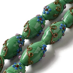 Handmade Lampwork Beads, Rice wit Flower, Sea Green, 23x12~13mm, Hole: 1.6mm(LAMP-J089-D01-A)