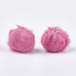 Handmade Plush Cloth Fabric Covered Pendants, with CCB Plastic Findings, Pom Pom Ball, Round, Golden, Hot Pink, 21x18mm, Hole: 1.5mm(X-WOVE-T010-01A)