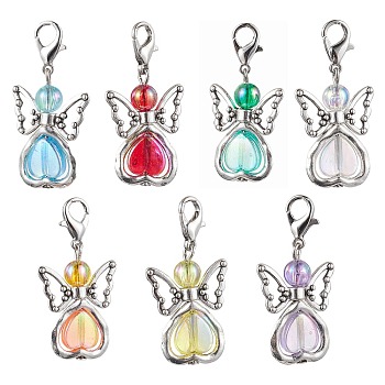 7Pcs 7 Colors Angel Acrylic Pendant Decorations, with Alloy Pendants and Swivel Lobster Claw Clasps, Mixed Color, 36mm, 1pc/color