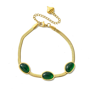 Ion Plating(IP) 304 Stainless Steel Herringbone Chain Bracelets, Green Oval Resin Link Bracelets for Women, Real 18K Gold Plated, 7-1/2 inch(18.9cm)