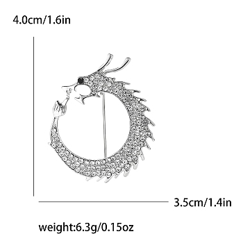 Alloy and Glass Rhinestone Dragon Ring Brooch for Men, Platinum, Clear, 40x35mm