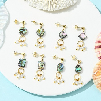 Abalone Shell/Paua Shell & Shell Pearl Beads Dangle Earrings, 304 Stainless Steel Stud Earrings for Women, Golden, Mixed Shapes, 35x8.5~10mm