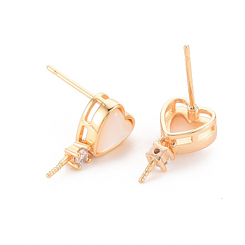 Brass Micro Pave Clear Cubic Zirconia Earring Findings, for Half Drilled Beads, with Natural Shell, Nickel Free, Heart, Real 18K Gold Plated, 15.5~16.5x8.5mm, Pin: 0.8mm, Pin: 0.8mm(for Half Drilled Beads)
