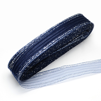 Mesh Ribbon, Plastic Net Thread Cord, with Silver Metallic Cord, Prussian Blue, 4.5cm, about 25yards/bundle