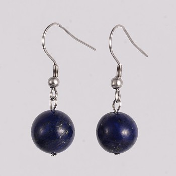 Round 304 Stainless Steel Natural Lapis Lazuli Dangle Earrings, 35mm, Pin: 0.8mm