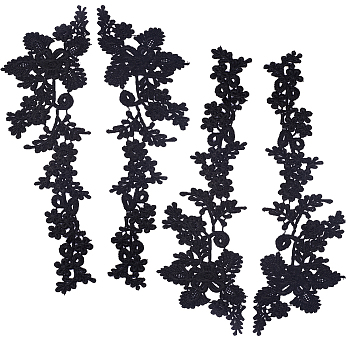 Polyester Embroidery Lace Appliques, Ornament Accessories for Cheongsam, Dress, Flower, Black, 435x122x1mm