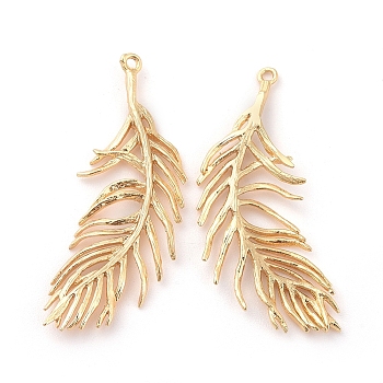 Brass Pendants, Feather, Nickel Free, Real 18K Gold Plated, 36~37x15~16x1.5mm, Hole: 1.2mm