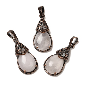 Natural Rose Quartz Pendants, Brass Teardrop Charms, Red Copper, Lead Free & Cadmium Free, 31x15x8mm, Hole: 5x7.5mm