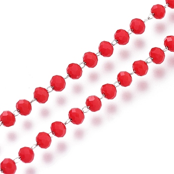 Handmade Faceted Acrylic Beaded Chains, with Spool, Soldered, Red, Stainless Steel Color, Bead: 3x3mm, about 32.8 Feet(10m)/roll