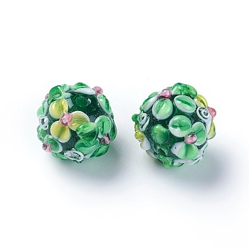 Handmade Bumpy Lampwork Beads, Round, Green, 14~15mm, Hole: 1.5~1.6mm