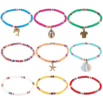 Handmade Polymer Clay Heishi Beads Anklets Sets, Natural Shell & Dolphin & Tortoise & Tassel Charm Anklets for Women, Mixed Color, Inner Diameter: 2-7/8 inch(7.3cm), 9Pcs/set