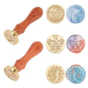 Brass Wax Seal Stamp Heads & Pearwood Handles Kit, for DIY Scrapbook, Mixed Patterns, Round Head: 30mm, Handles: about 78.3~78.5x22mm, 5pcs/set
