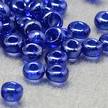 8/0 Grade A Round Glass Seed Beads, Transparent Colours Lustered, Royal Blue, 8/0, 3x2mm, Hole: 1mm, about 10000pcs/pound