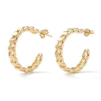 Semicircular Brass Half Hoop Earrings, Stud Earrings, with Ear Nuts, Long-Lasting Plated, Curb Chain Shape, Real 18K Gold Plated, 4.5x24mm, Pin: 0.8mm