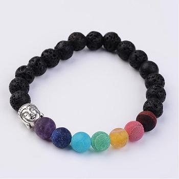 Natural Lava Rock & Gemstone Stretch Beads Bracelets, with Alloy Buddha Head, Antique Silver, 2-1/8 inch(53mm)