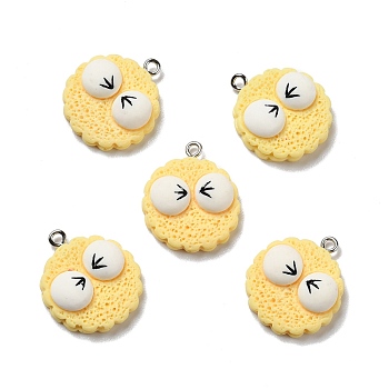 Opaque Resin Pendants, with Platinum Tone Iron Loops, Imitation Food, Biscuits with Eyes, Lemon Chiffon, 25x21.5x7mm, Hole: 2mm
