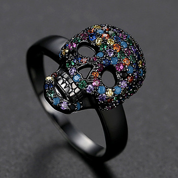 Cubic Zirconia Skull Finger Ring, Electrophoresis Black Plated Brass Gothic Punk Jewelry for Men Women, Colorful, US Size 8(18.1mm)