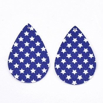 Independence Day Theme, PU Leather Big Pendants, Double Sided, teardrop, with Star Pattern, Blue, 56x37x1.5mm, Hole: 1.8mm
