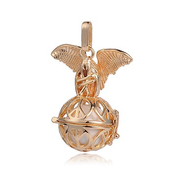 Golden Plated Brass Hollow Round Cage Pendants, with No Hole Spray Painted Brass Beads, White, 38x31x20mm, Hole: 3x8mm