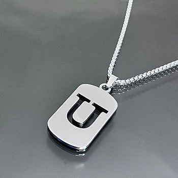 Titanium Steel Box Chain Necklaces, Rectangle with Letter Pendant Necklaces 