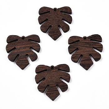 Natural Wenge Wood Pendants, Undyed, Leaf Charms, Coconut Brown, 38.5x3.5mm, Hole: 2mm