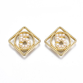 Rack Plating Alloy CAbochons, with ABS Plastic Imitation Pearl Beads, Cadmium Free & Lead Free, Rhombus with Number 5, Light Gold, Num.6, 19.5x19.5x2.5mm, Side Length: 14.5mm