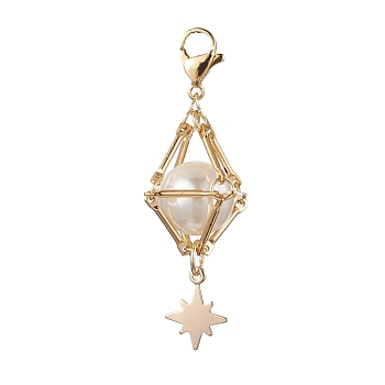 Brass Shell Pearl Pendant Decorations, Diamond with Star, Golden, 52mm