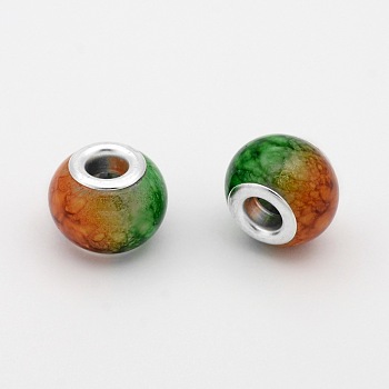 Large Hole Glass European Beads, with Silver Color Plated Brass Cores, Rondelle, Green, 14x10mm, Hole: 5mm