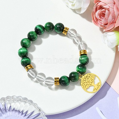 10mm Round Dyed Natural Green Tiger Eye & Acrylic Beaded Stretch Bracelets(BJEW-JB10581)-2