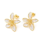 Brass Micro Pave Cubic Zirconia Stud Earring Findings, with Enamel, Flower, for Half Drilled Beads, Long-Lasting Plated, Lead Free & Cadmium Free, Golden, 20.5x18mm, Pin: 0.9mm and 0.8mm(CU-CBAA5EE-04G-03)