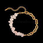 Daily Fashion Natural Rose Quartz Chip Beaded Bracelets, 201 Stainless Steel Cable Chain Bracelets for Women, Golden, 6.69 inch(17cm)(FS-WG13CD5-01)