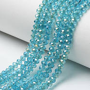 Electroplate Transparent Glass Beads Strands, Half Rainbow Plated, Faceted, Rondelle, Medium Turquoise, 4x3mm, Hole: 0.4mm, about 123~127pcs/strand, 16.5~16.9 inch(42~43cm)(EGLA-A034-T4mm-H14)